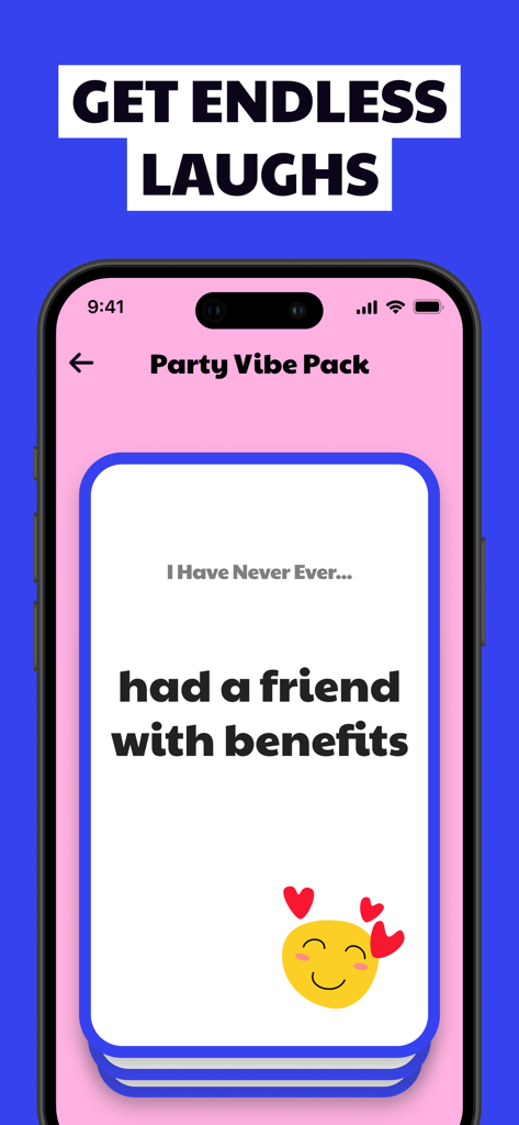 Una pantalla de smartphone que muestra una tarjeta del juego Have I Ever con el texto tuve un amigo con derechos bajo el Pack Ambiente de Fiesta.