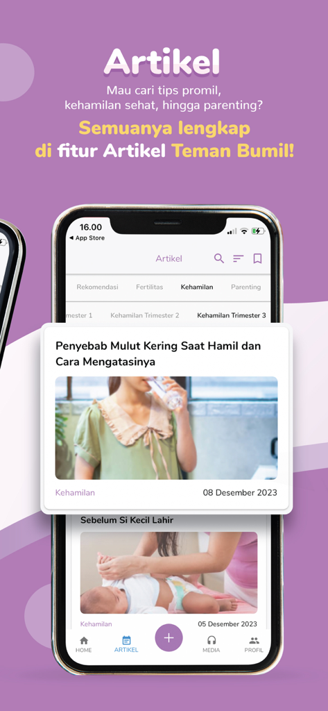 Screenshot of the Teman Bumil app displaying educational articles about pregnancy and parenting.