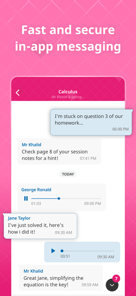 Nagwa Classes - In-app messaging interface of Nagwa Classes showing a chat between a tutor and students discussing a calculus problem