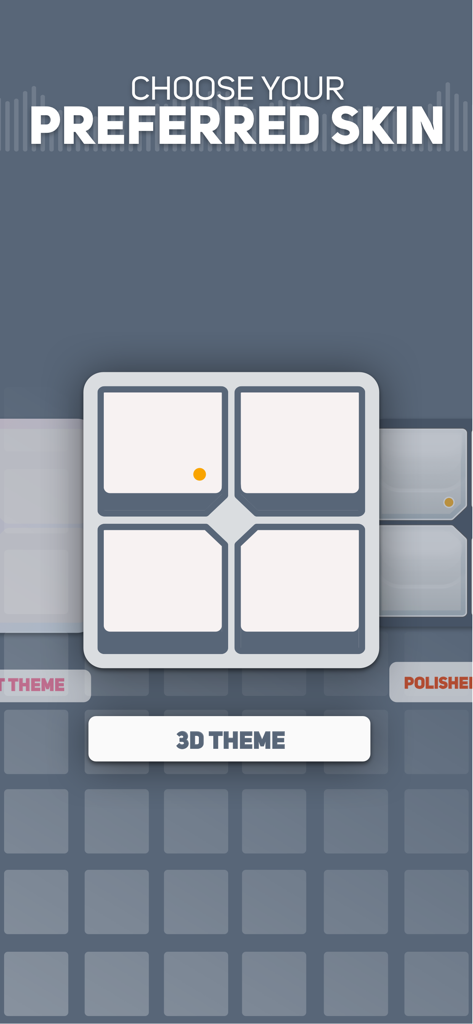 Interface of Super Pads Lights app showing options to choose a preferred skin including a 3D theme