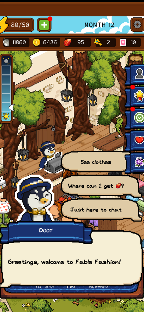 Forest Fables: Cozy pixel sim - A pixel art penguin shopkeeper named Doot greets the player in the Fable Fashion boutique in Forest Fables.