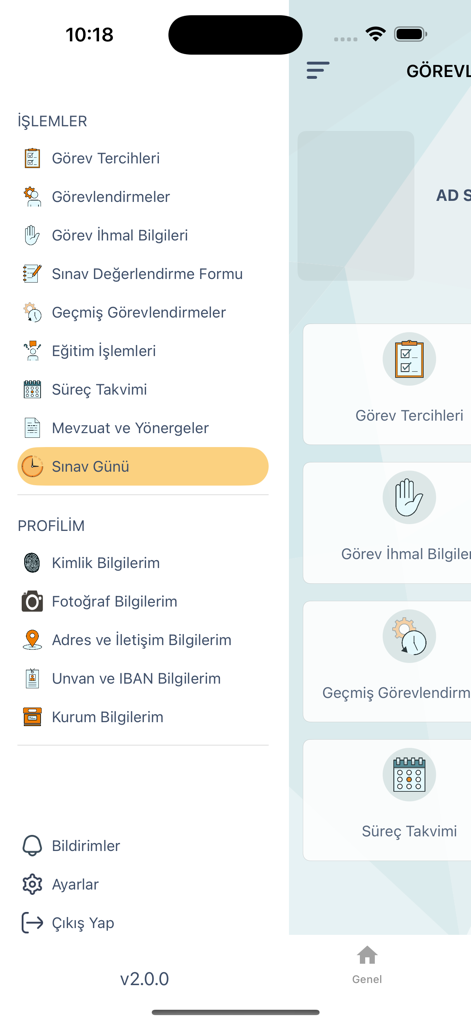 ÖSYM Görevli İşlemleri Sistemi - Navigation menu and dashboard of the OSYM GIS app for exam officials