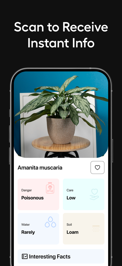 AI Lens & Identifier - AnyScan - A mobile screen showing the AnyScan app identifying a potted plant with information on care and toxicity