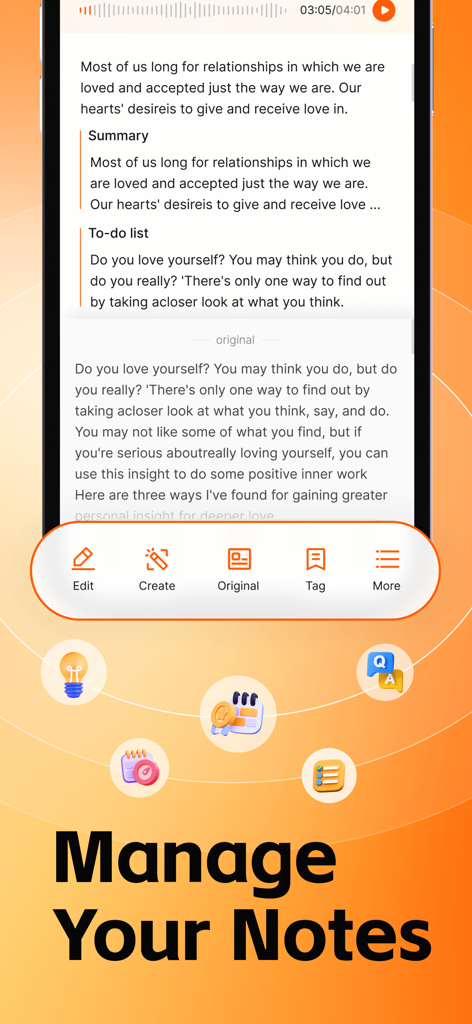 AudioPen app interface showing AI generated note summaries and note management options