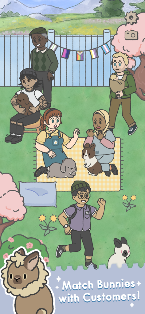 아늑한 정원 안식처에서 다양한 손님들이 구조된 토끼들과 교감하는 모습.