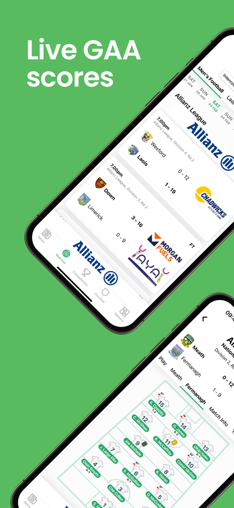 Score Beo app screens showing live GAA match scores and team lineups