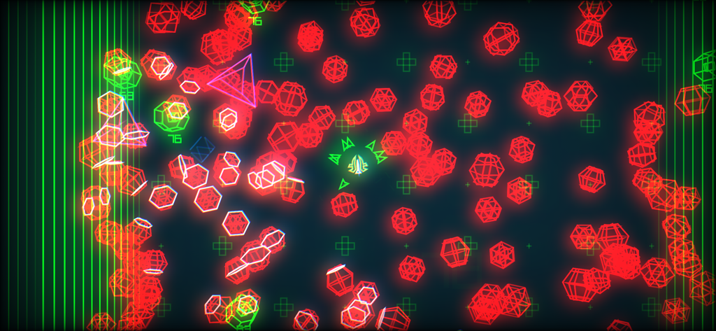 PewPew Live - Neon vector-style arcade shooter gameplay featuring a ship fighting red geometric enemies.