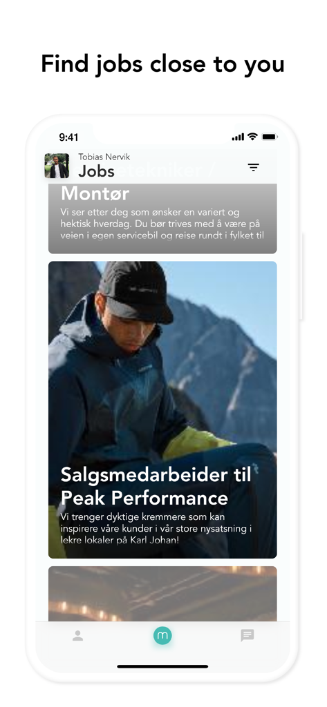 Interface de aplicativo móvel para encontrar empregos próximos com um feed visual