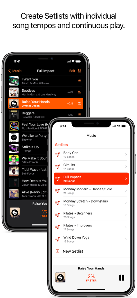 Perfect Tempo app screens displaying music setlists with custom tempo adjustments.