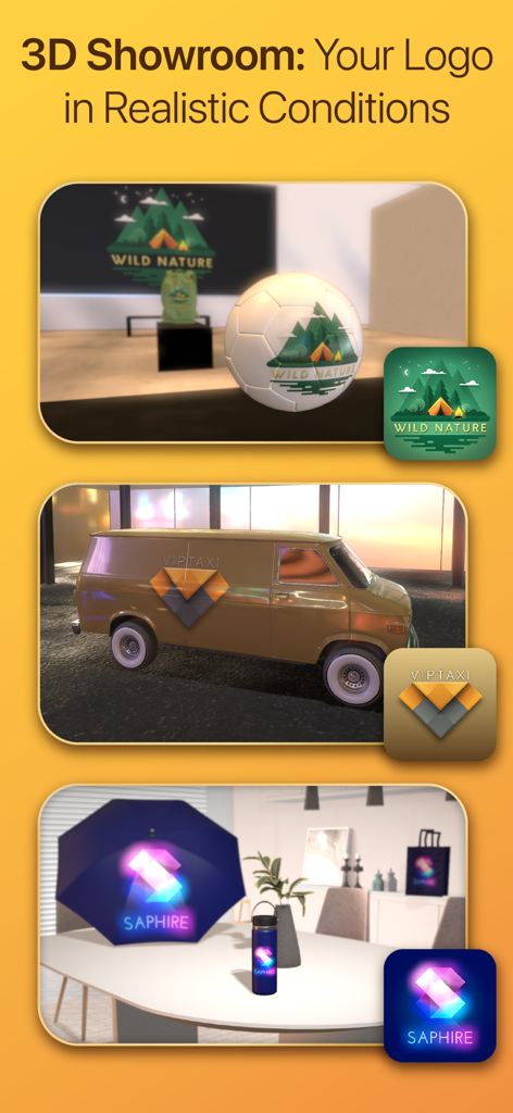 Fonctionnalité Showroom 3D dans Logoist 5 affichant des logos sur des objets 3D réalistes comme une camionnette et un ballon de soccer