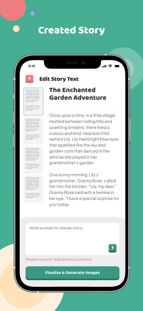 Story Mii - A mobile screen from the Story Mii app showing a customizable story text about an enchanted garden adventure with an option to write prompts for changes