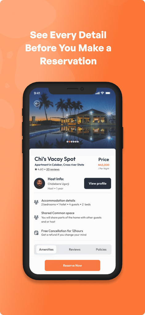 Traclet - Detailed property listing on the Traclet app showing accommodation information and a reserve now button