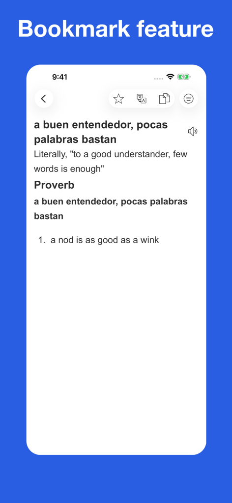 Spanish Idiom Dictionary - Screenshot of the Bookmark feature in the Spanish Idiom Dictionary app showing a proverb definition.