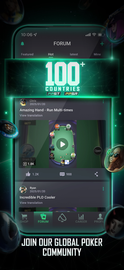 Una captura de pantalla del foro de la aplicación móvil PPPoker USA mostrando publicaciones de la comunidad global de póker y resúmenes de partidas