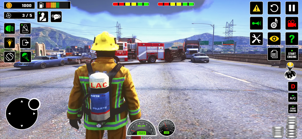 Vue à la troisième personne d'un pompier près d'un camion de pompiers sur une autoroute dans un jeu de simulation de sauvetage.