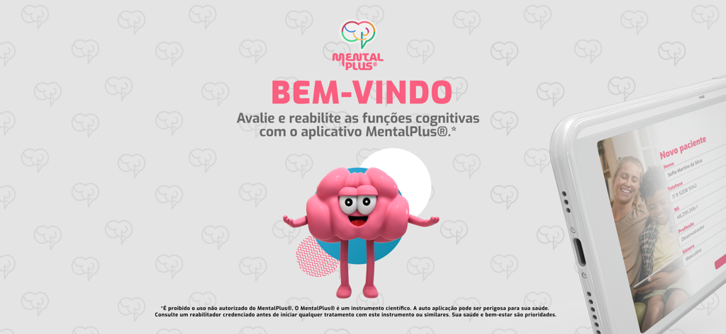 MentalPlus® - Schermata di benvenuto dell'app MentalPlus che mostra un personaggio cerebrale rosa e un modulo di registrazione paziente su un tablet