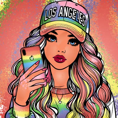realistic beautiful girl wearing los ángeles cap holding an iphone