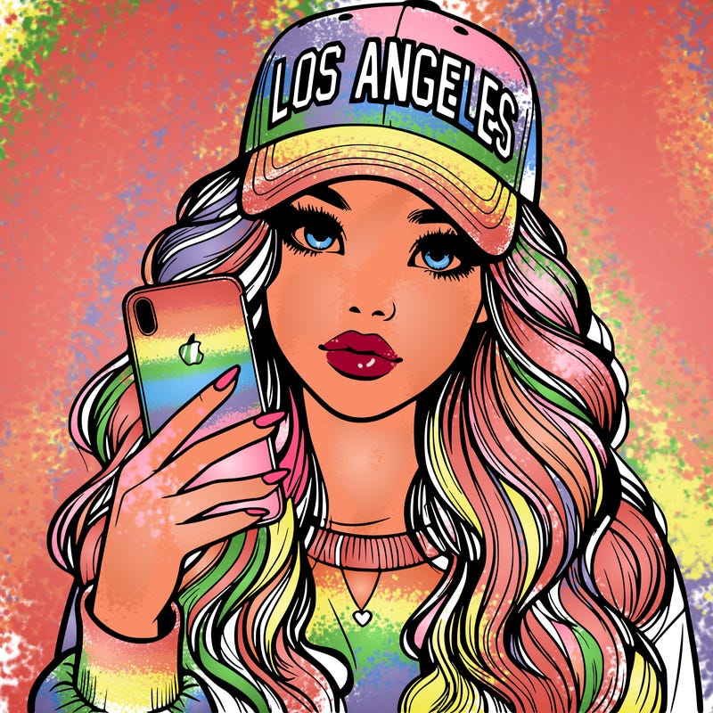 realistic beautiful girl wearing los ángeles cap holding an iphone