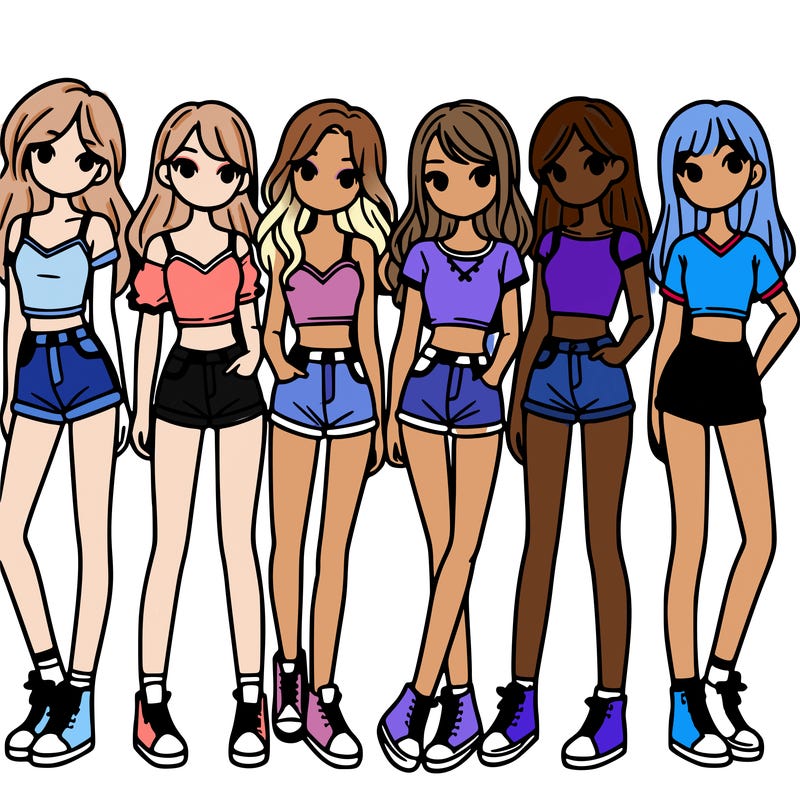a group of girls wearing crop tops and shorts