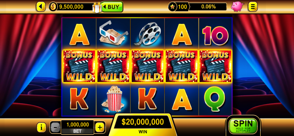 Slots online: Fruit Machines - A cinema themed slot machine screen showing a twenty million dollar win with movie icons like popcorn and film reels