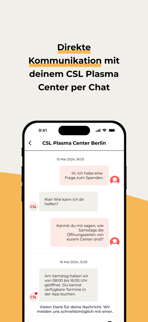 Mein CSL Plasma - Direct chat interface in the Mein CSL Plasma app for communicating with a donation center