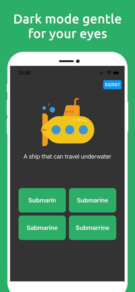 Word spelling quiz interface in dark mode featuring a submarine level with multiple choice options.