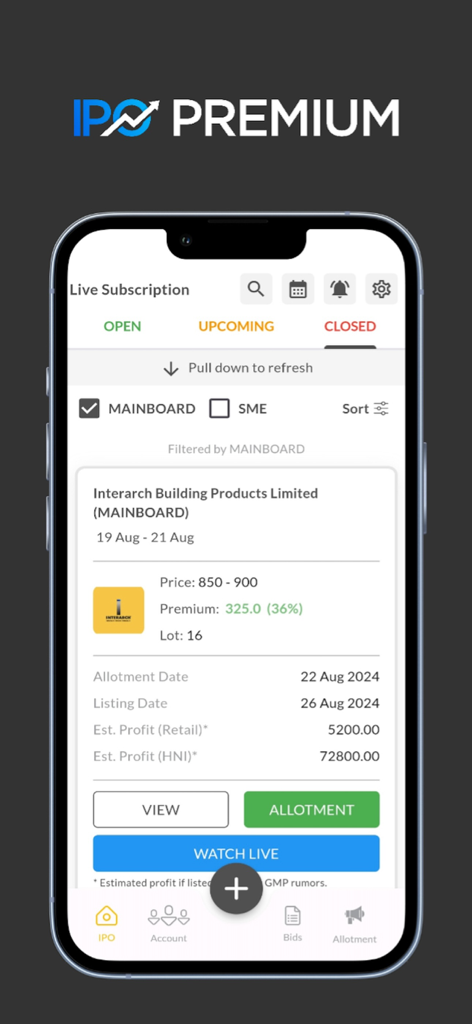 IPO Premium app interface showing grey market premium and subscription details for an Indian stock market IPO.