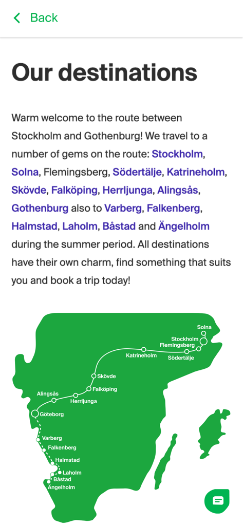 VR Resa - 스웨덴 지도, VR Resa 기차 노선 및 스톡홀름과 예테보리 간 목적지 표시