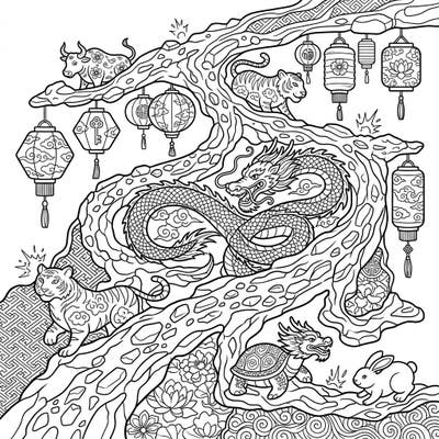 Immerse yourself in the magic of Lunar New Year with this captivating coloring page, where traditional zodiac animals and a majestic dragon emerge from a landscape inspired by dynamic a'a lava flows. Discover intricate lanterns and patterns, inviting you to bring this festive scene to vibrant life.