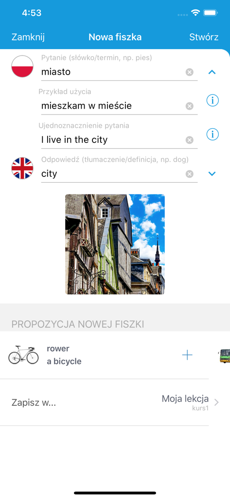 Interface for creating a custom Polish-English flashcard with image and example sentence in the Fiszkoteka app
