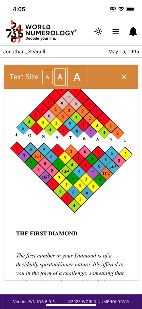 World Numerology Collection II - A colorful diamond-shaped numerology chart and text description for a spiritual reading in the World Numerology app