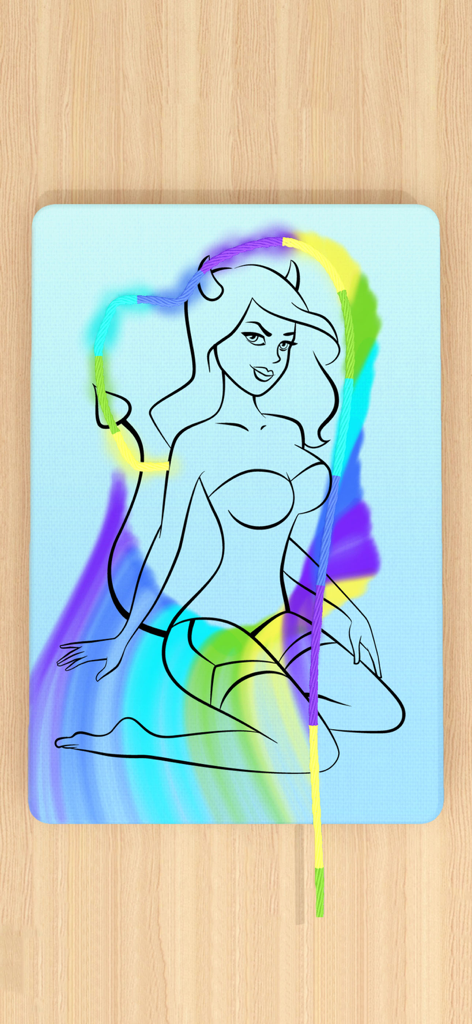 String Pull - A multicolored string being pulled across a character line drawing to create a vibrant paint effect in the String Pull game.