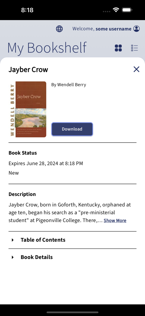 Ebook Central - La aplicación Ebook Central muestra la página de detalles de la estantería del libro Jayber Crow con una opción de descarga.