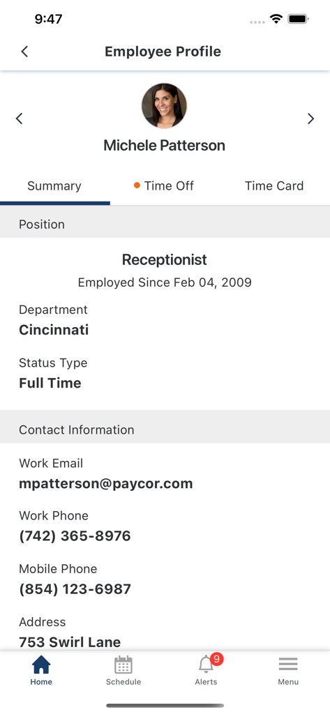 Employee profile page in the Paycor Mobile app displaying job title and contact information.