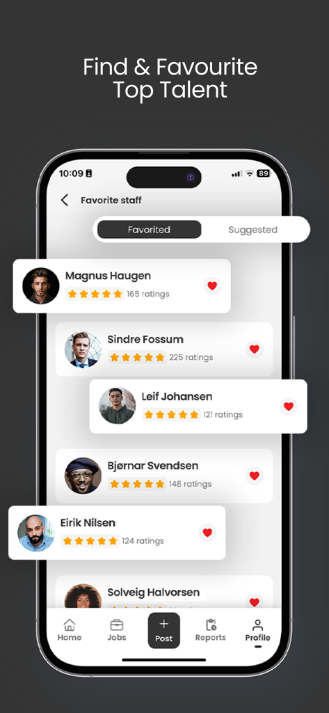 Time2Staff - Écran mobile montrant une liste de personnel d'hôtellerie favori avec des notes et des photos de profil sur l'application Time2Staff.