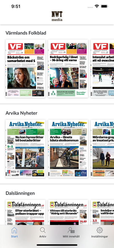 NWT Mediaアプリのホーム画面には、Varmlands FolkbladやArvika Nyheterなど、さまざまなスウェーデンの地方紙の表紙が表示されています。