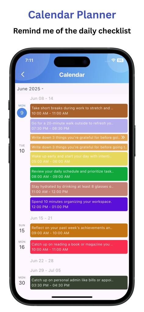 Daily Schedule Planner: Notify - A calendar view in the Notify app showing a color-coded daily schedule with various personal and professional tasks