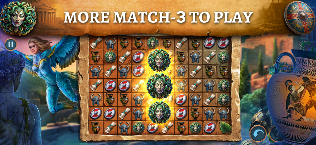 Mystery of Myth: Hidden Object - A match-3 puzzle board featuring Greek mythology icons like Medusa scrolls and shields