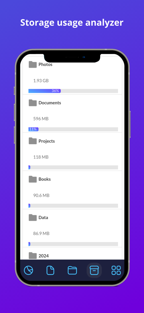 Storage usage analyzer screen in the Filerev app showing folder sizes and storage percentages for Google Drive