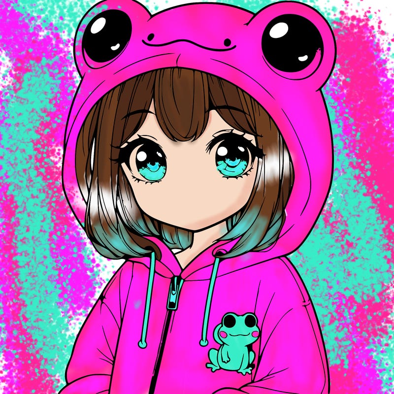 cute realistic girl in a froggy hoodie