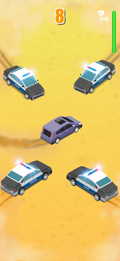 Vista isométrica de cuatro coches de policía rodeando un vehículo morado en una persecución de coches en el desierto