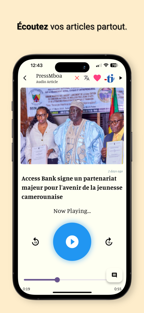 PressMboa app screenshot showing the audio article player with a play button and news about Cameroon
