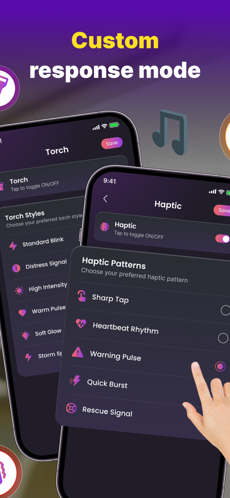 Find Phone By Clap, Flash - Interface of the Find Phone By Clap app showing customizable torch styles and haptic vibration pattern options for device alerts