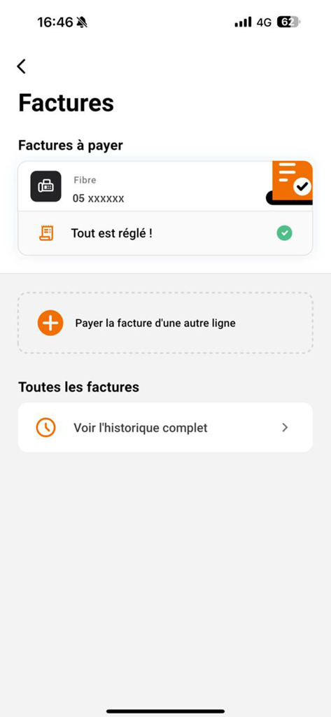 Max it – Maroc - Capture d'écran de l'application Max it Maroc affichant le statut et l'historique des paiements de factures de fibre optique