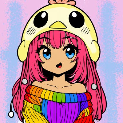 anime girl with chick shaped hat with sweater with bare shoulders with bangs covering them one eye with low tail