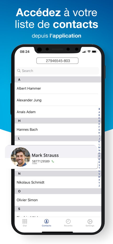 LOL Cloud Phone mobile app interface displaying an alphabetical business contact list with a highlighted profile for Mark Strauss.