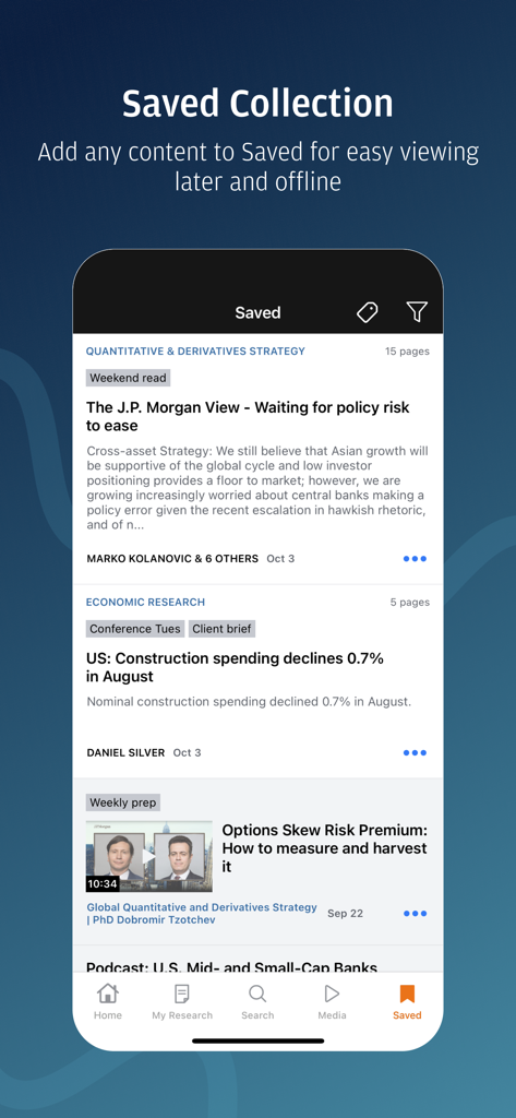 J.P. Morgan Markets app interface displaying saved financial research and media for offline access.