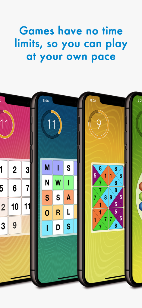 Brain Arcade - Multiple mobile screens showing different games in the Brain Arcade app with a message about no time limits