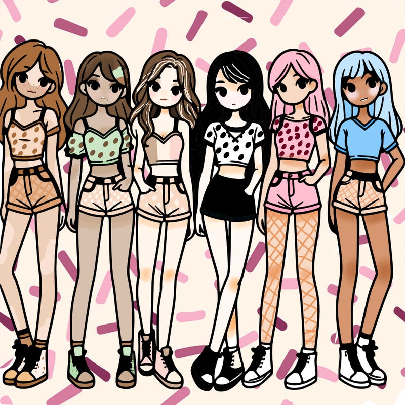 a group of girls wearing crop tops and shorts