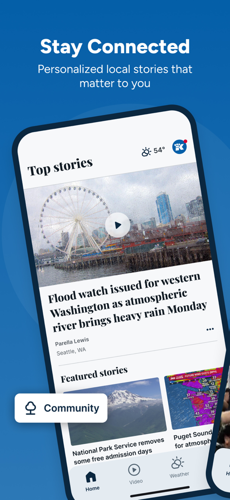 KING 5 News for Seattle/Tacoma - KING 5 News mobile app interface showing local Seattle stories and flood watch alerts